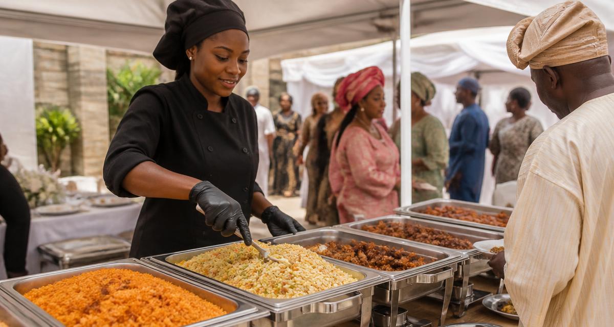 Trays of party jollof rice and small chops at a Lagos owambe catering setup